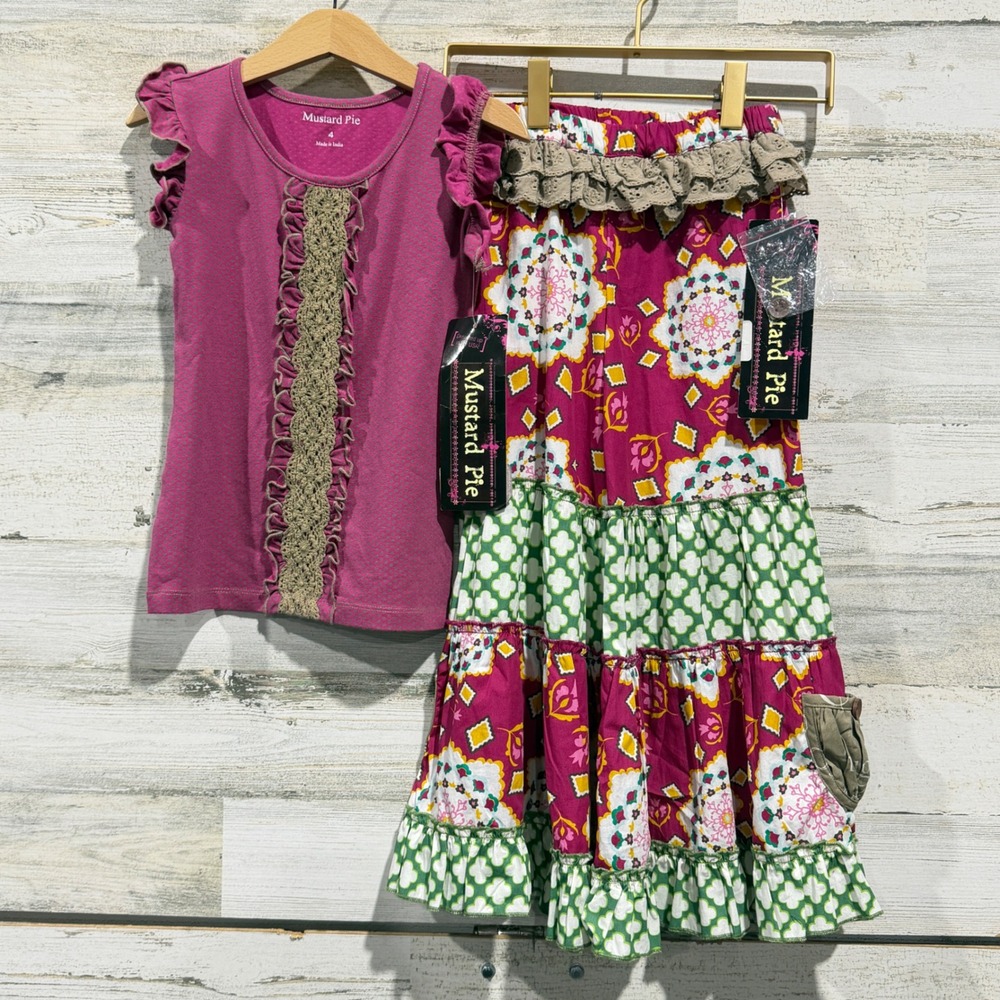 Mustard Pie Outfit Set Girls 4 Magenta Floral Ruffle Boutique Boho NWT
